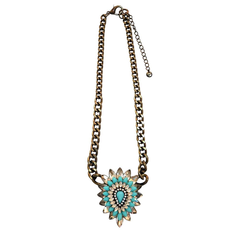 Ann Taylor Loft Statement Station Necklace Faux Turquoise Rhinestones Bronze